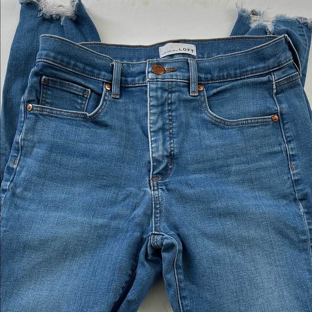 LOFT High Rise Frayed Hem Blue Jeans